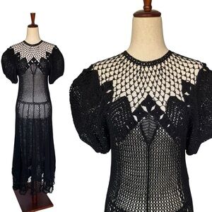 Vintage Lim’s Handmade Black Crochet Knit Lace Dress Prairie Dress Goth Boho